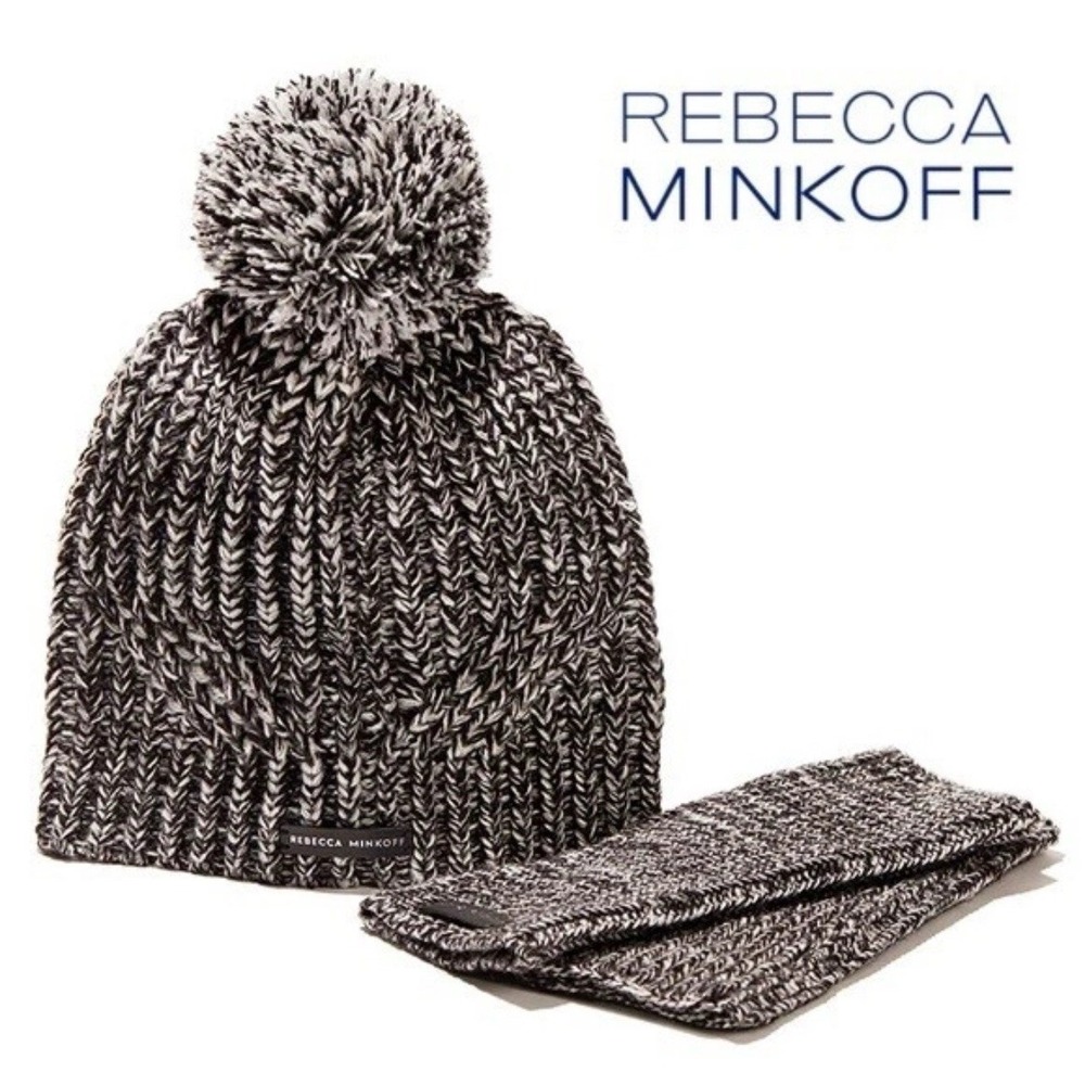 NWT Rebecca Minkoff Black And White Pom Pom Beanie And Hand Warmers Winter‎ Hat